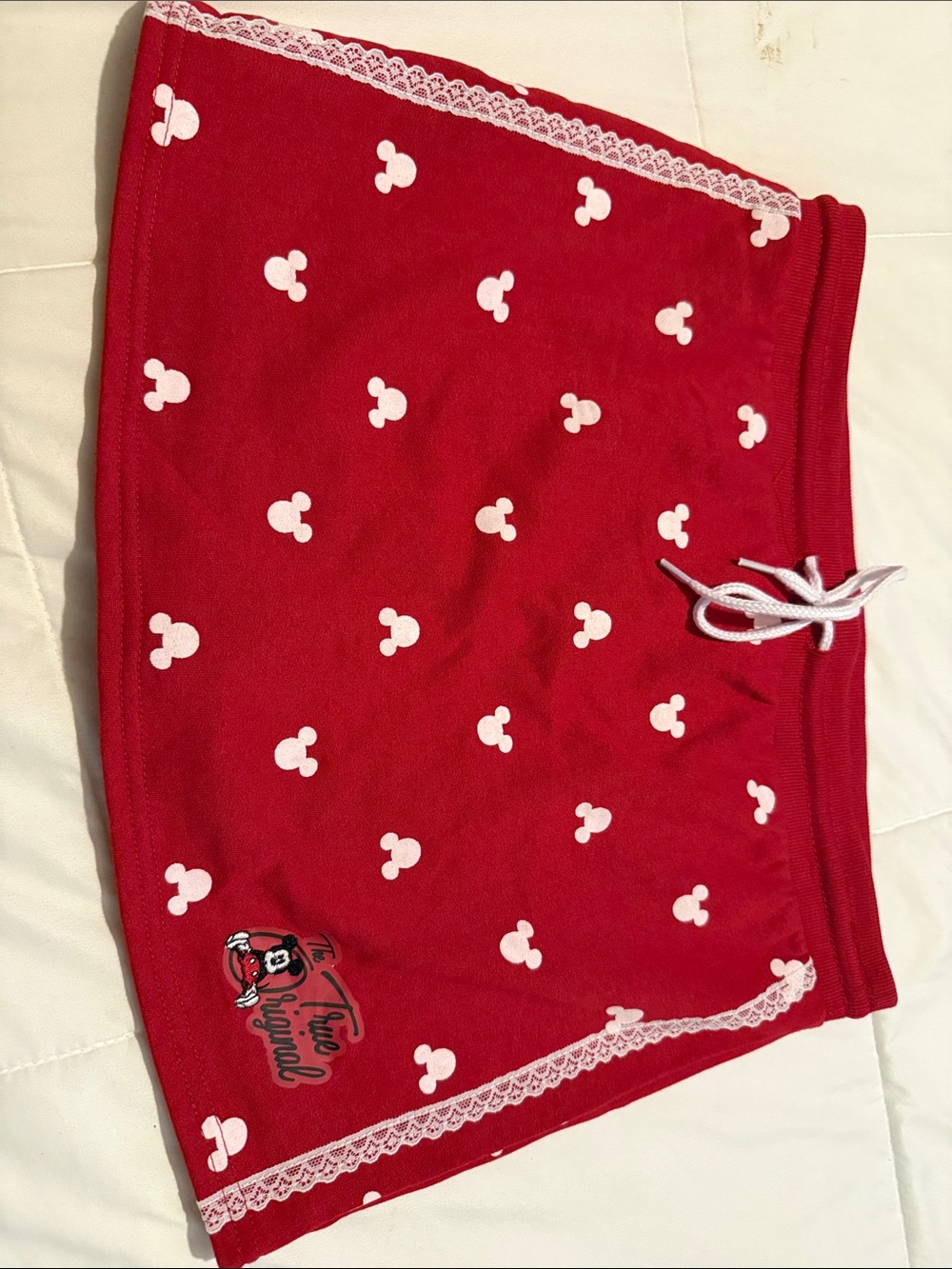 Red Mickey-Print Skort with Lace Trim. Size Small